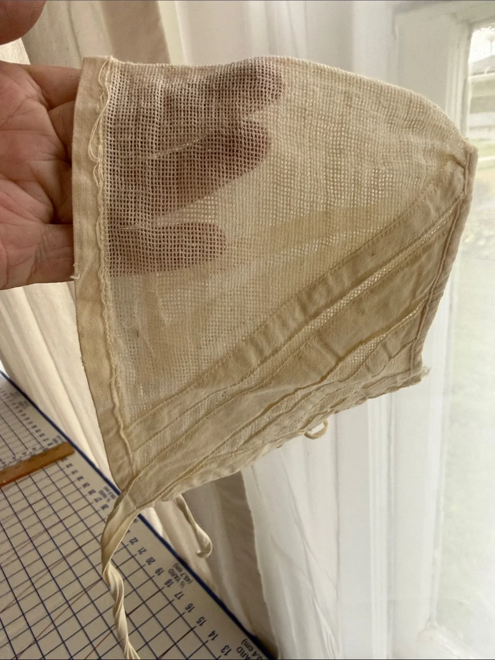 Antique c1900 Infant Baby Bonnet Cap Cotton Net Lace-Up Heirloom Sewing Study
